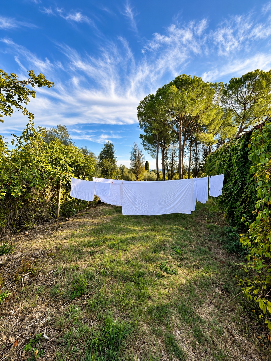 Il bucato steso nel giardino tra gli alberi
